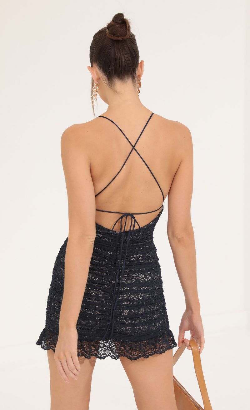 Picture Kasey Ruched Lace Bodycon Dress in Navy. Source: https://media.lucyinthesky.com/data/Sep22/800xAUTO/1fa39fc7-85e9-4e40-8f39-1b96ab69c98b.jpg