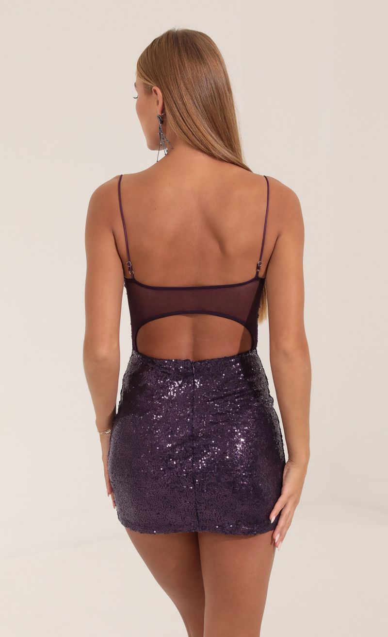 Picture Talisa Sequin Open Back Bodycon Dress in Purple . Source: https://media.lucyinthesky.com/data/Sep22/800xAUTO/23548423-b356-48a5-9e5e-ae63bfd769e0.jpg