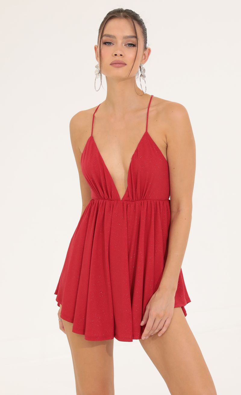 Picture Jaylyn Glitter Pleated Romper in Red. Source: https://media.lucyinthesky.com/data/Sep22/800xAUTO/3e15ee2b-9100-42cc-ab61-d67c932b3b7b.jpg