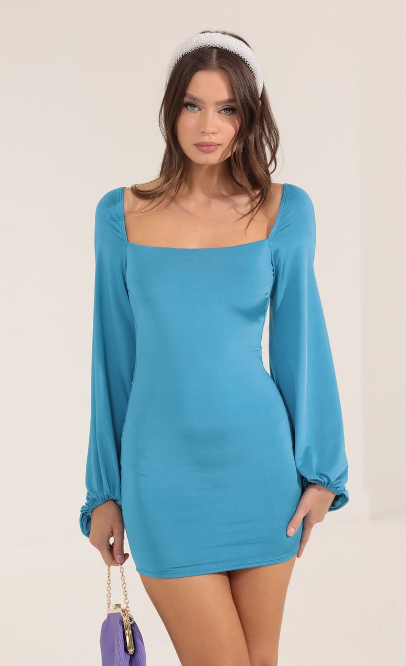 Picture Kirsten Satin Open Back Long Sleeve Dress in Blue. Source: https://media.lucyinthesky.com/data/Sep22/800xAUTO/44d3eb71-1adf-401b-a3f3-7177b4bc7820.jpg