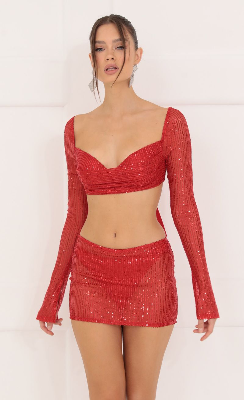 Picture Melinda Sequin Three Piece Skirt Set in Red. Source: https://media.lucyinthesky.com/data/Sep22/800xAUTO/51d4f2f7-3f3b-4a01-bc9c-137b42df310f.jpg