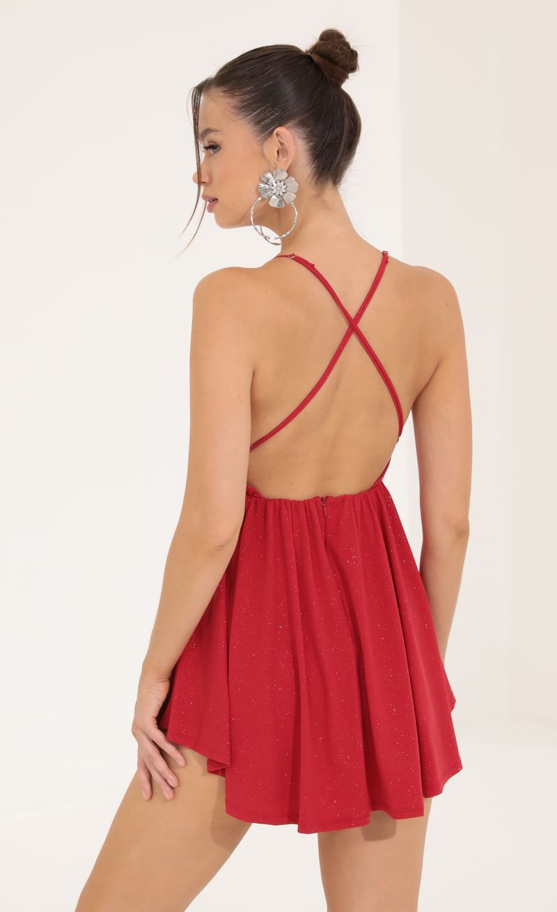 Picture Jaylyn Glitter Pleated Romper in Red. Source: https://media.lucyinthesky.com/data/Sep22/800xAUTO/76072e10-3607-42c4-92de-3b66daa28f1a.jpg