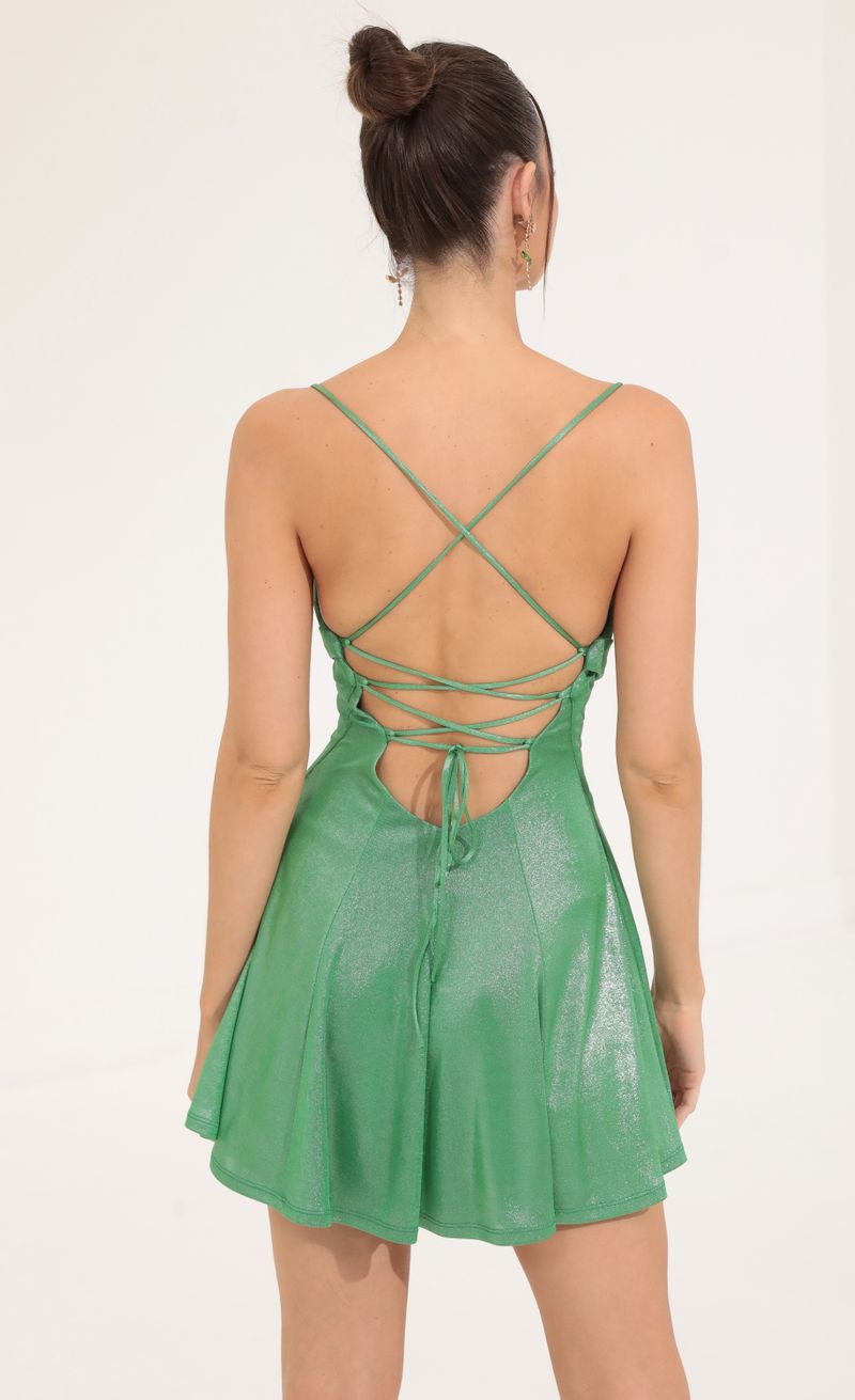 Picture Debi Metallic A-Line Dress in Green. Source: https://media.lucyinthesky.com/data/Sep22/800xAUTO/78b62461-8cab-4b9f-9022-fdf7a5fc3a99.jpg