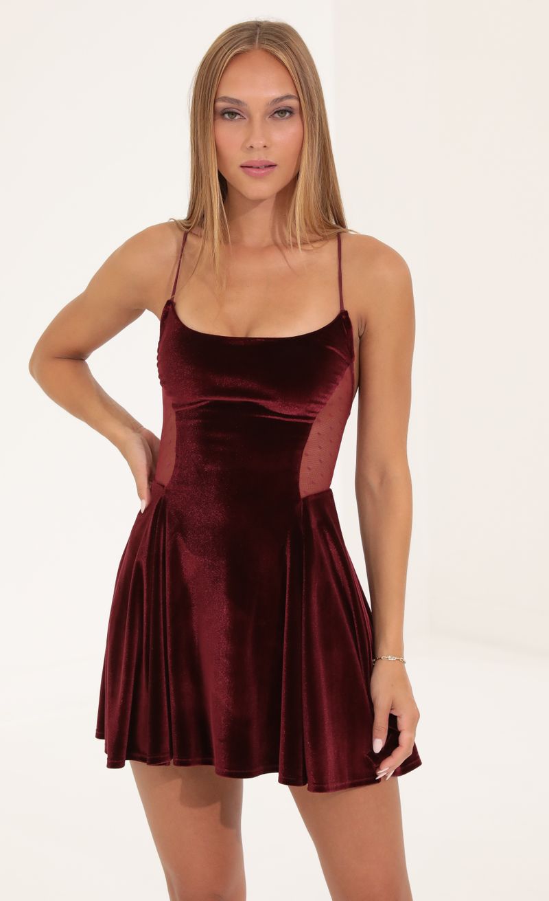 Lavish Kitty Fur Trim Velvet Flare Dress (Red)