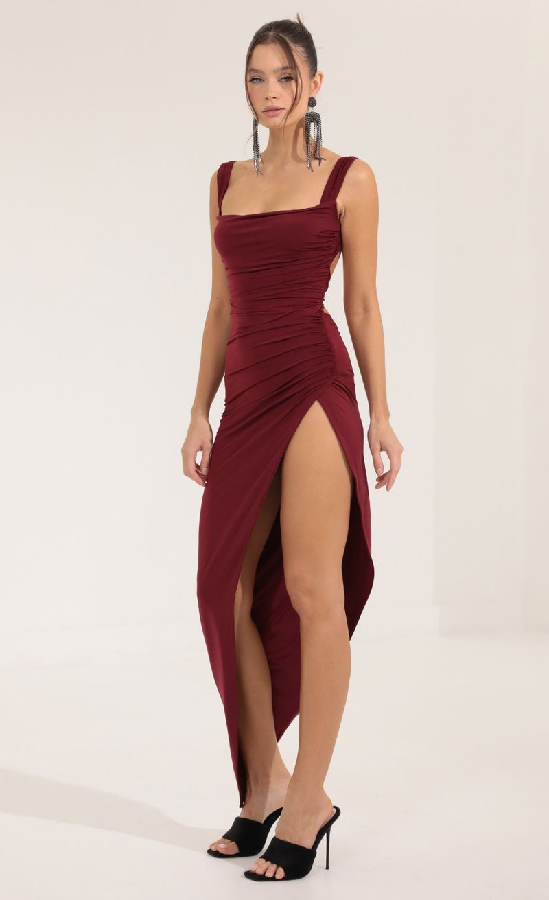 Picture Chicago Ruched Side Slit Maxi Dress in Red. Source: https://media.lucyinthesky.com/data/Sep22/800xAUTO/95fec60d-5318-4024-8509-b6f0fe7ce671.jpg