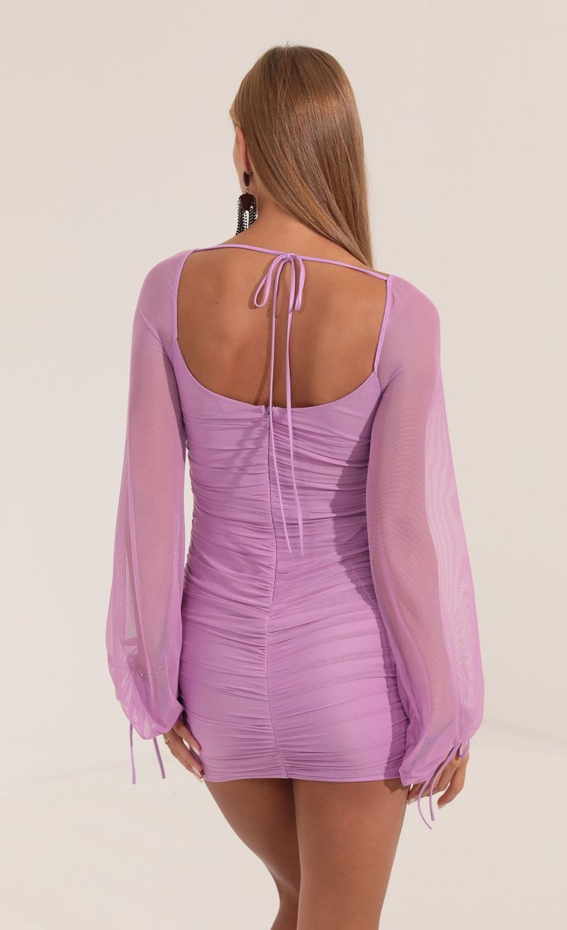 Picture Yesenia Mesh Long Sleeve Ruched Dress in Purple. Source: https://media.lucyinthesky.com/data/Sep22/800xAUTO/a2dfa131-005e-4b07-ab3a-691954259580.jpg