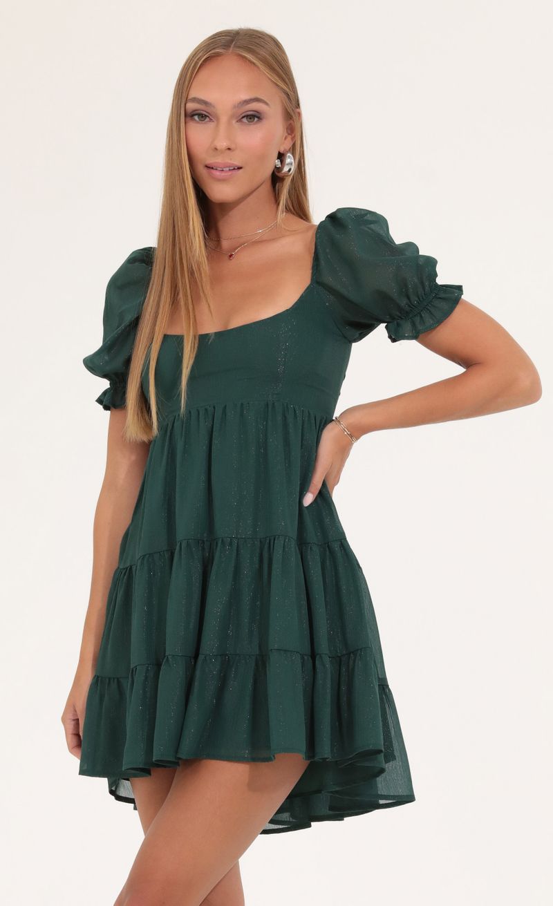 Picture Gloria Shimmer Chiffon Fit and Flare Dress in Green. Source: https://media.lucyinthesky.com/data/Sep22/800xAUTO/b0064319-1c77-44c1-9426-f882d224720d.jpg