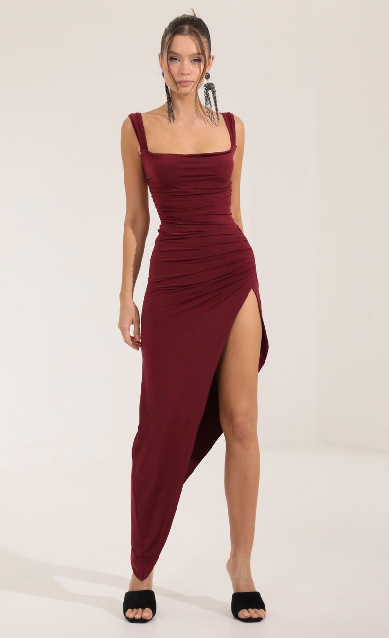 Picture Chicago Ruched Side Slit Maxi Dress in Red. Source: https://media.lucyinthesky.com/data/Sep22/800xAUTO/b51f782b-0df7-489d-aa7e-372118a6f330.jpg
