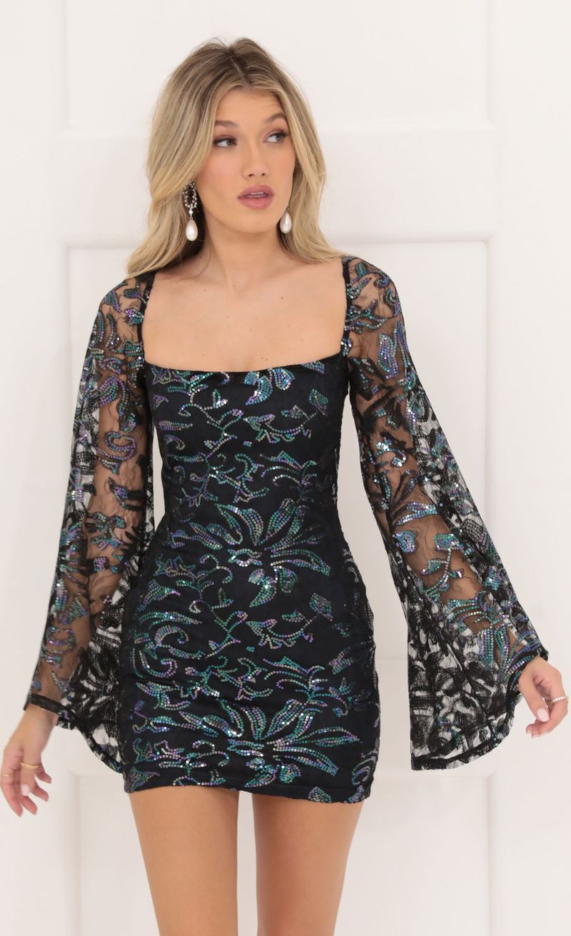 Picture Elly Black Mesh Sequin Flare Sleeve Dress in Navy. Source: https://media.lucyinthesky.com/data/Sep22/800xAUTO/c6ed293f-361d-46f4-bce2-d33bac57e2bf.jpg