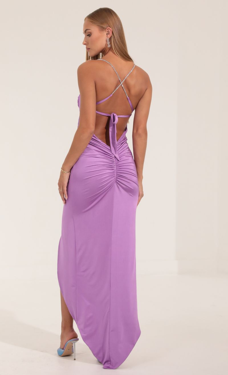 Picture Pika Ruched Open Back Maxi Dress in Purple  . Source: https://media.lucyinthesky.com/data/Sep22/800xAUTO/c9157bc4-007c-4ea7-ba1b-6650c85bc855.jpg