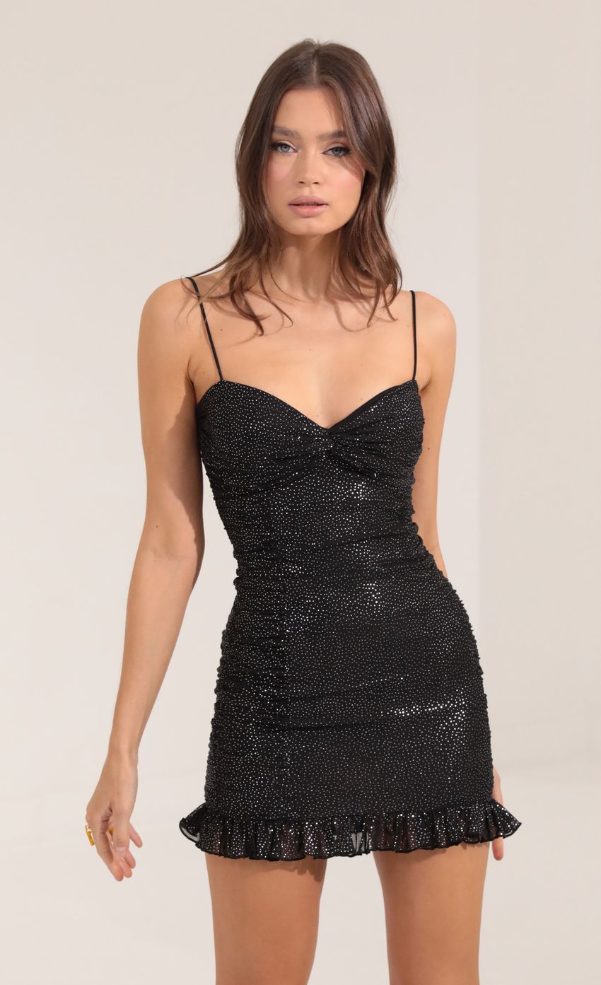 Picture Fala Foil Mesh Ruched Dress in Black. Source: https://media.lucyinthesky.com/data/Sep22/850xAUTO/0fbd0ac1-4cfd-4b46-8016-7640f9467fd4.jpg