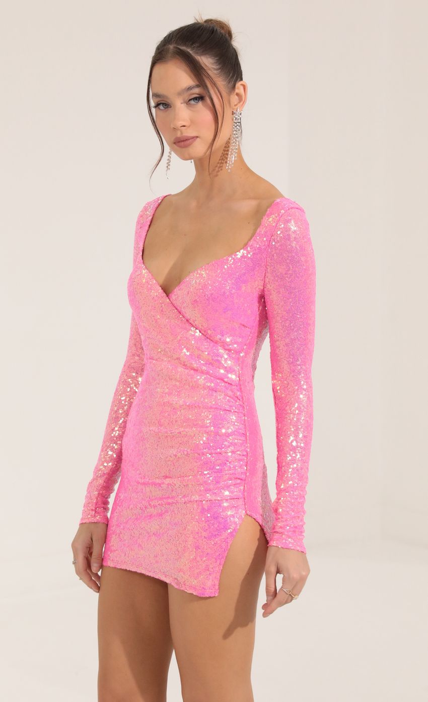 Picture Anahi Iridescent Sequin Long Sleeve Dress in Pink. Source: https://media.lucyinthesky.com/data/Sep22/850xAUTO/1d4490a2-6af7-490f-9177-dc4f022c509d.jpg