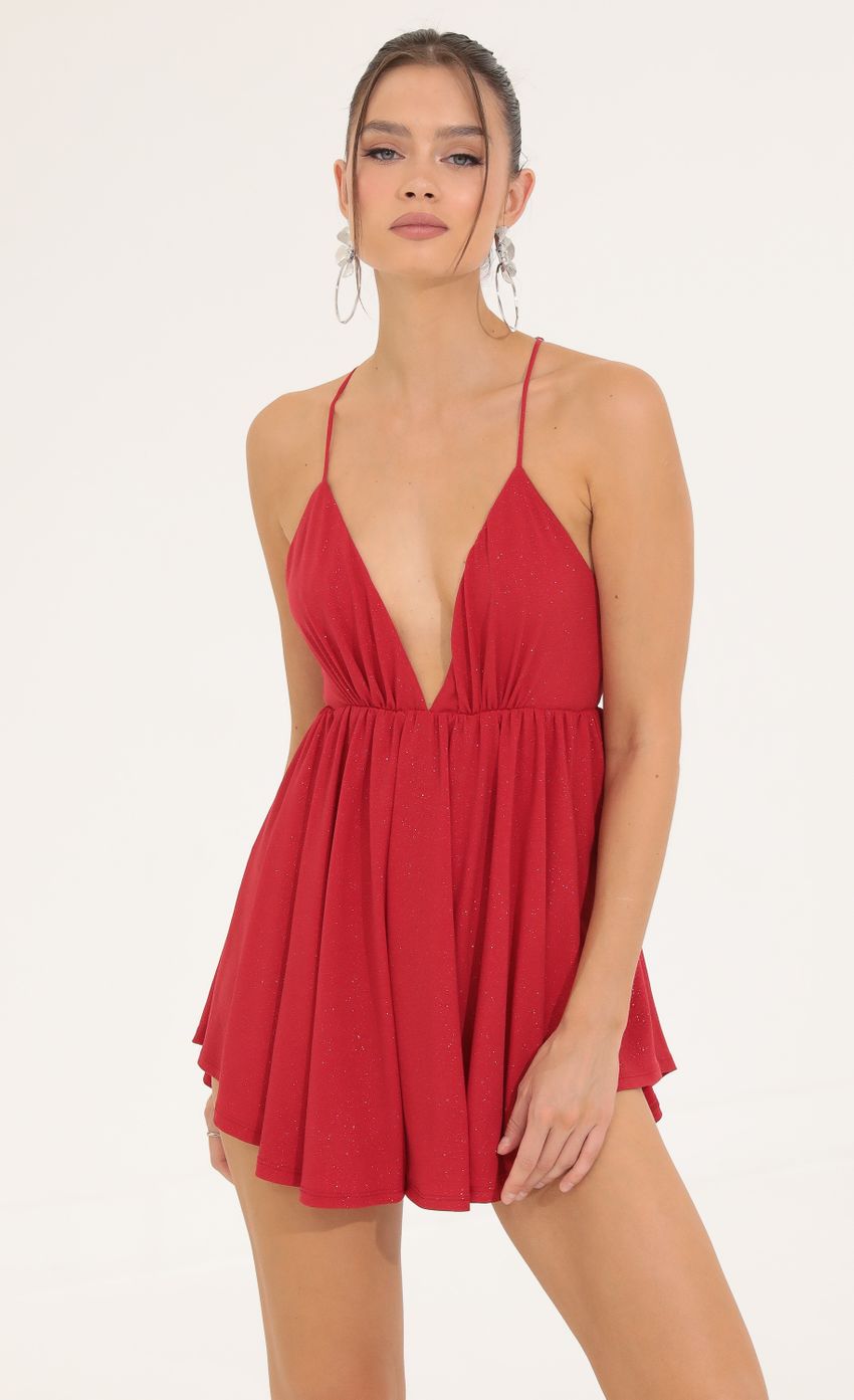 Picture Jaylyn Glitter Pleated Romper in Red. Source: https://media.lucyinthesky.com/data/Sep22/850xAUTO/3e15ee2b-9100-42cc-ab61-d67c932b3b7b.jpg