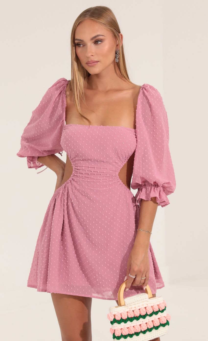 Picture Tora Dotted Chiffon Open Back Dress in Pink. Source: https://media.lucyinthesky.com/data/Sep22/850xAUTO/68c259f6-1480-4ff2-9bc9-a74f994458d9.jpg