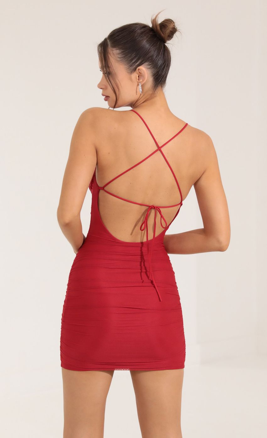 Picture Miranda Mesh Ruched Bodycon Dress in Red. Source: https://media.lucyinthesky.com/data/Sep22/850xAUTO/7eabe79f-3321-406d-97e9-383f2f2a1146.jpg