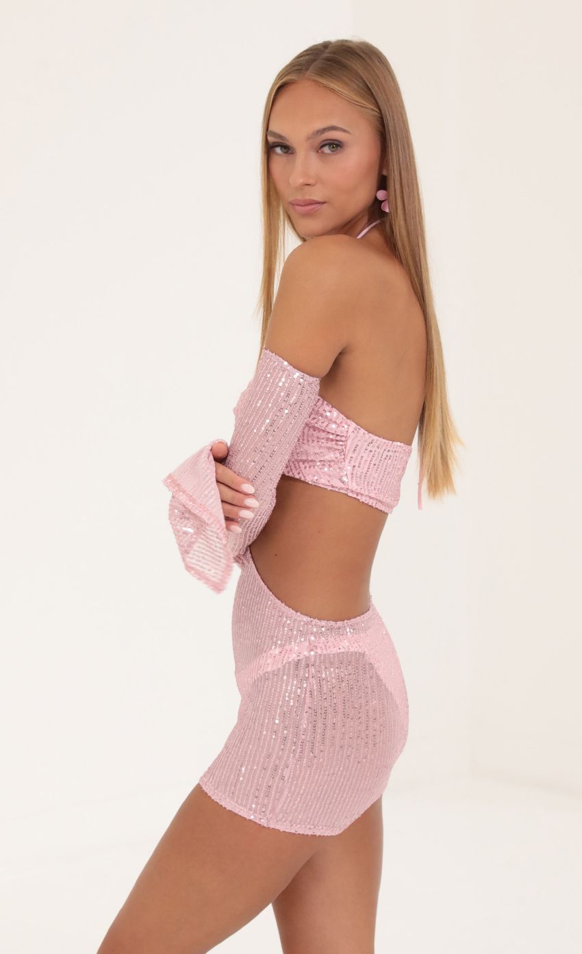 Picture Eilish Mesh Sequin Three Piece Set in Pink. Source: https://media.lucyinthesky.com/data/Sep22/850xAUTO/9271b5b8-9a8c-4629-8589-02f00704013d.jpg