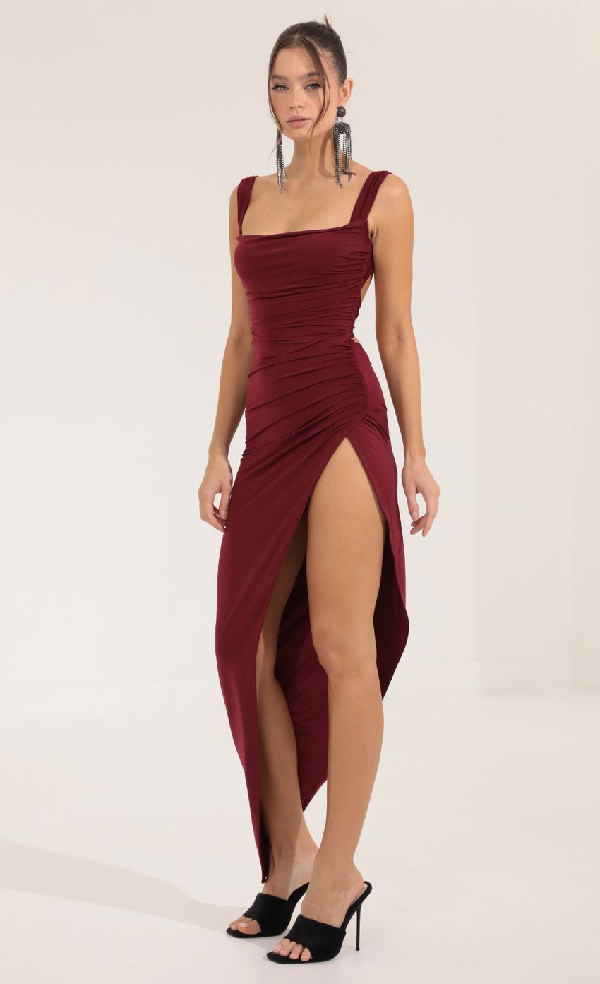 Picture Chicago Ruched Side Slit Maxi Dress in Red. Source: https://media.lucyinthesky.com/data/Sep22/850xAUTO/95fec60d-5318-4024-8509-b6f0fe7ce671.jpg