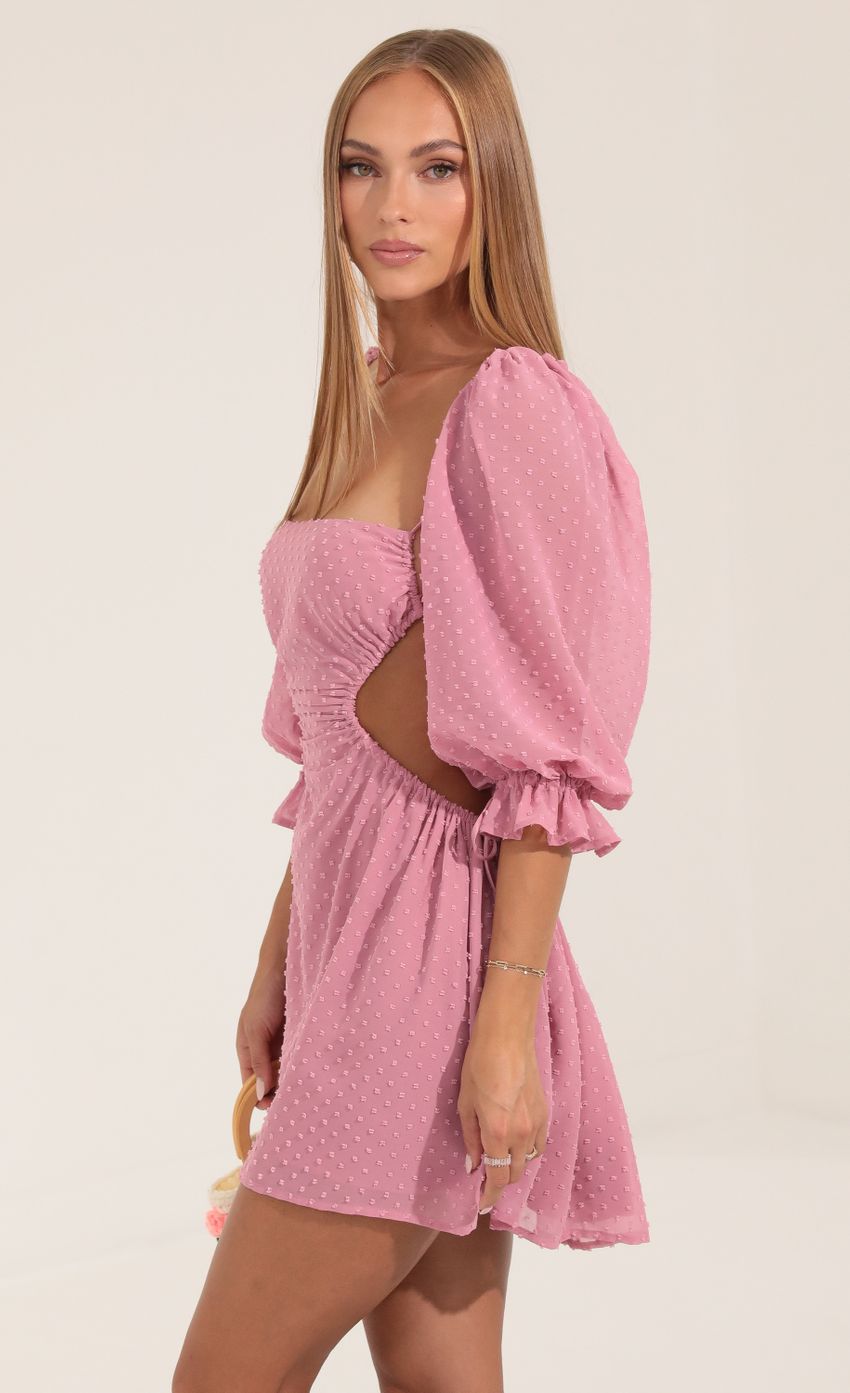 Picture Tora Dotted Chiffon Open Back Dress in Pink. Source: https://media.lucyinthesky.com/data/Sep22/850xAUTO/ef125673-7b12-40c7-9a0c-a544ea8ab397.jpg