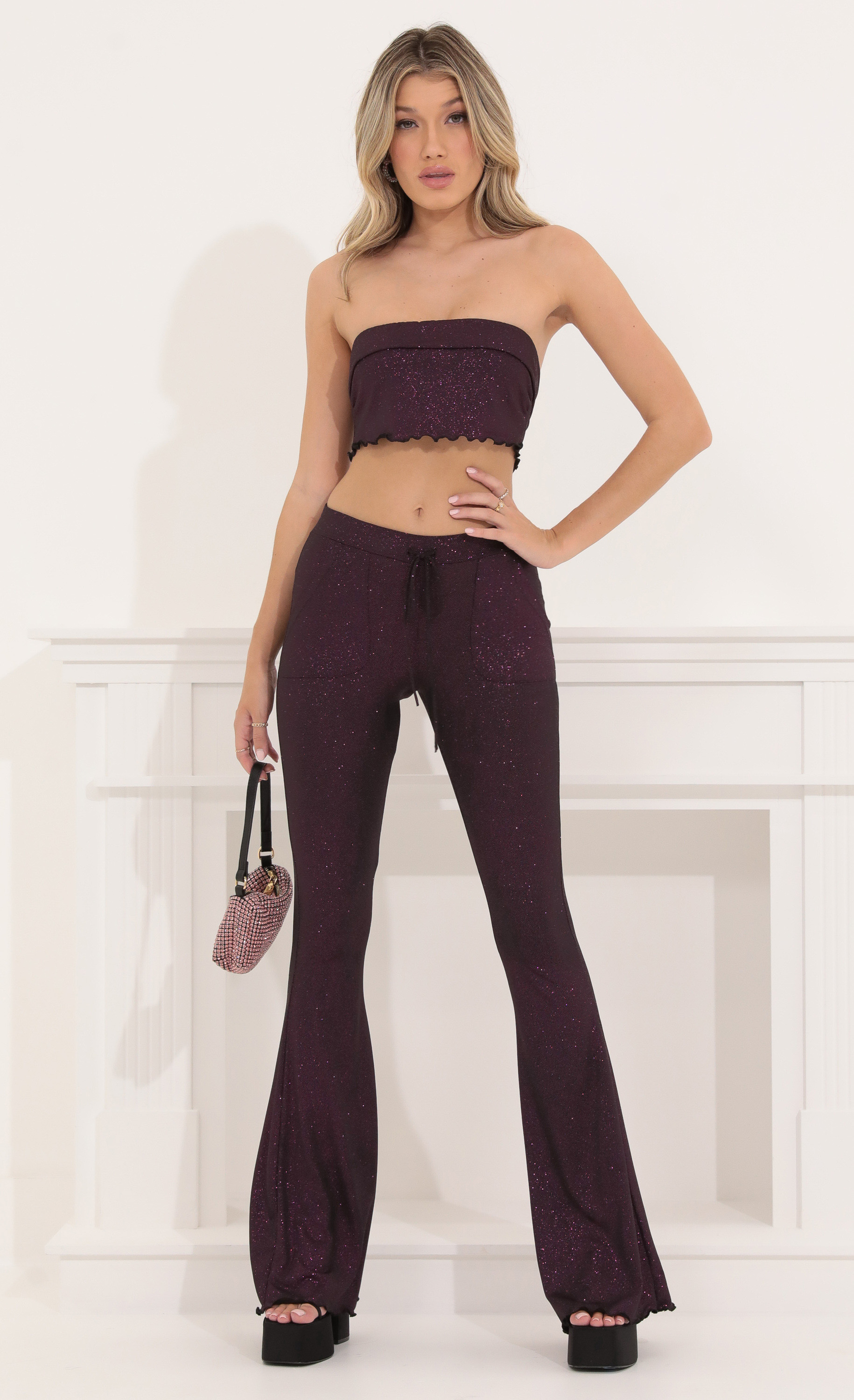 Kimmy Purple Glitter Two Piece Pant Set in Black