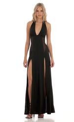 Picture Sunnie Halter Double Slit Maxi Dress in Orange. Source: https://media.lucyinthesky.com/data/Sep23/150xAUTO/65477a3f-4efa-4a36-bb63-ebefa85a9a60.jpg