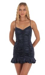 Picture Remi Satin Ruched Bodycon Dress in Navy. Source: https://media.lucyinthesky.com/data/Sep23/150xAUTO/69b4e9e0-129a-4671-a159-339ad500e19a.jpg
