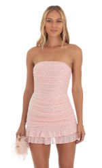 Picture Rosemary Sequin Ruched Bodycon Dress in Pink. Source: https://media.lucyinthesky.com/data/Sep23/150xAUTO/7c11f669-da79-43b8-a508-0158ca2fed5f.jpg