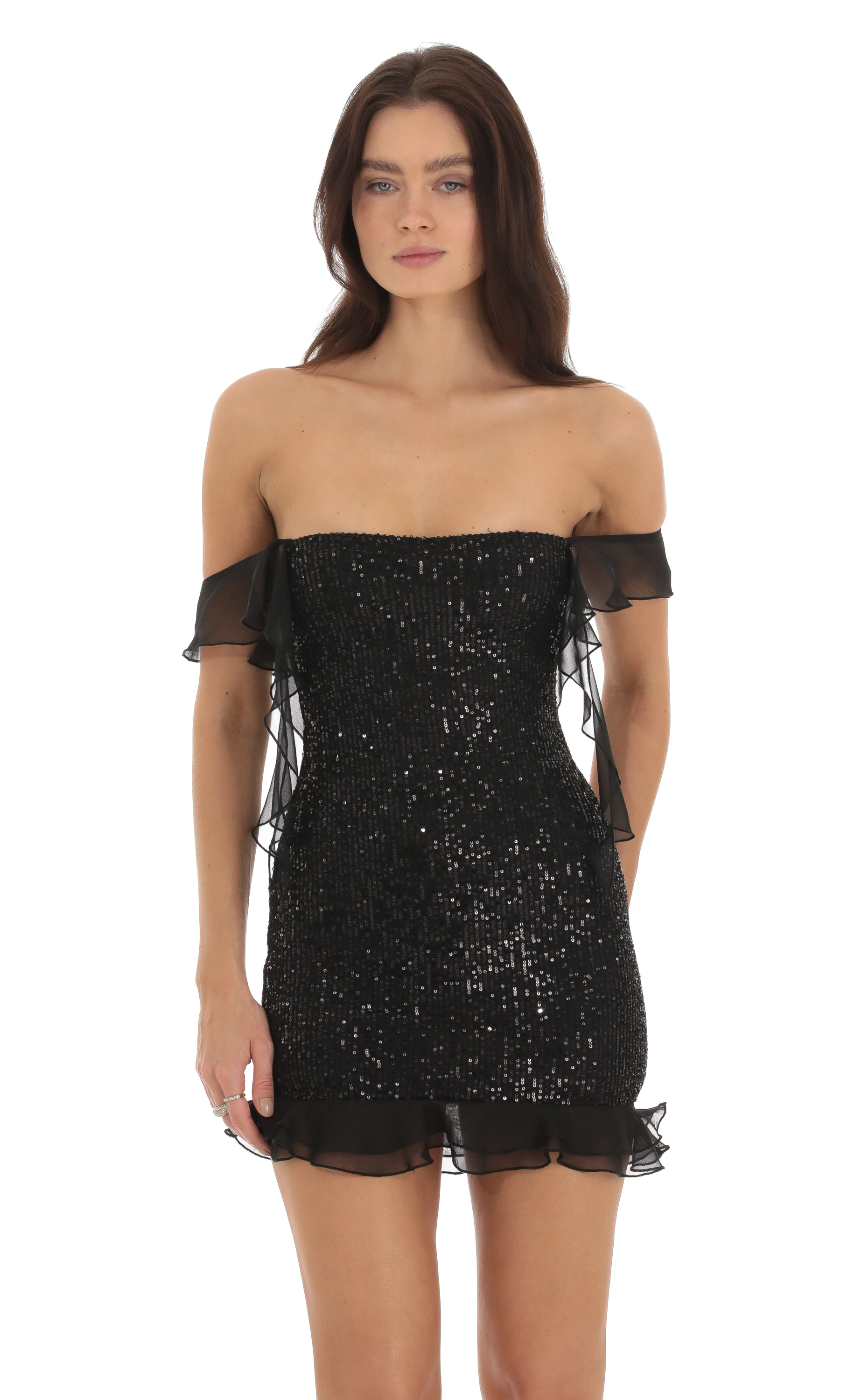 Kiraz Sequin Off Shoulder Dress in Black