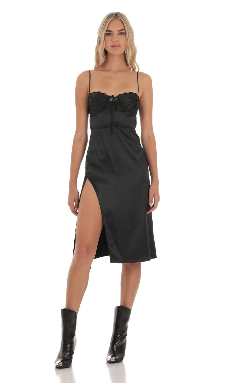 Lyric Satin Midi Dress in Black | LUCY IN THE SKY