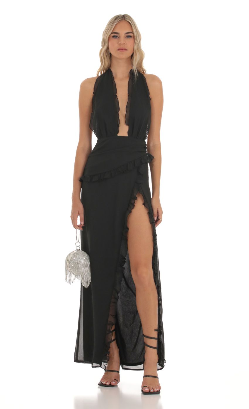 Picture Rhea Plunge Neck Halter Dress in Black. Source: https://media.lucyinthesky.com/data/Sep23/850xAUTO/0130a832-9486-4184-9e49-f9efa58a9e53.jpg