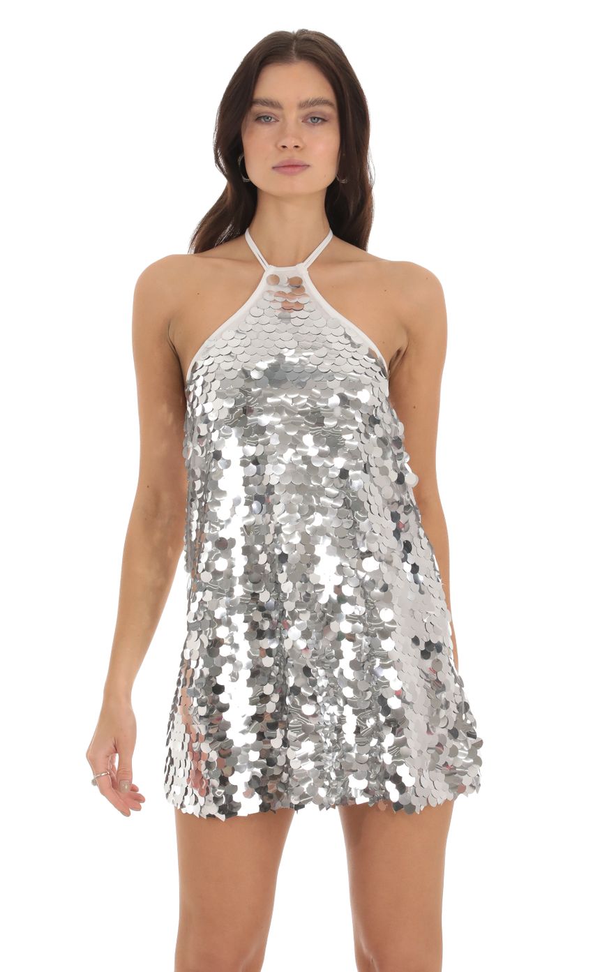 Picture Maya Sequin Halter Dress in Silver. Source: https://media.lucyinthesky.com/data/Sep23/850xAUTO/0c3a9db7-d279-453b-8b36-b340bdf783c3.jpg