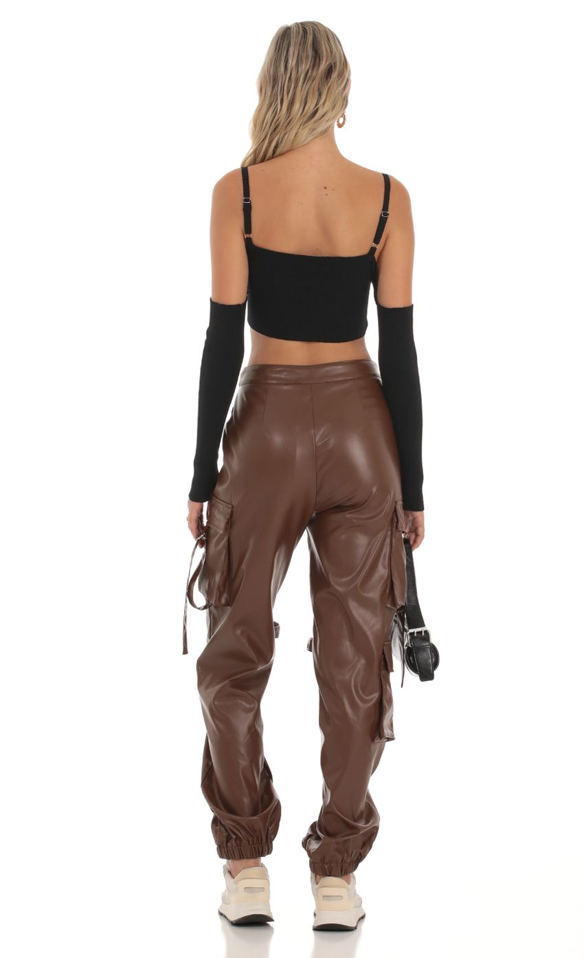 Picture Jai Pleather Cargo Pants in Brown. Source: https://media.lucyinthesky.com/data/Sep23/850xAUTO/0e02d2cb-c91b-4a1f-9798-24623cdc33ae.jpg