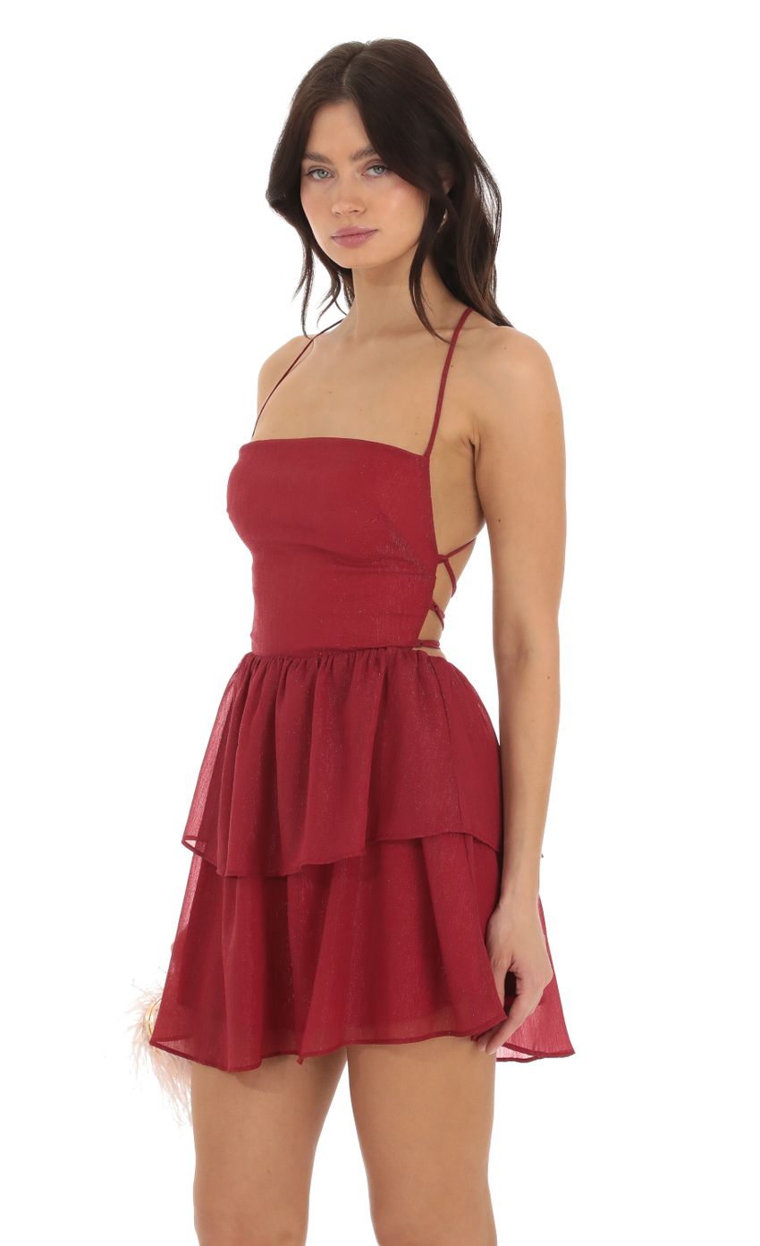 Picture Aspen Shimmer Lace Up Dress in Red. Source: https://media.lucyinthesky.com/data/Sep23/850xAUTO/1a1cf8cd-c824-4780-9af4-049e5c3f6c0d.jpg