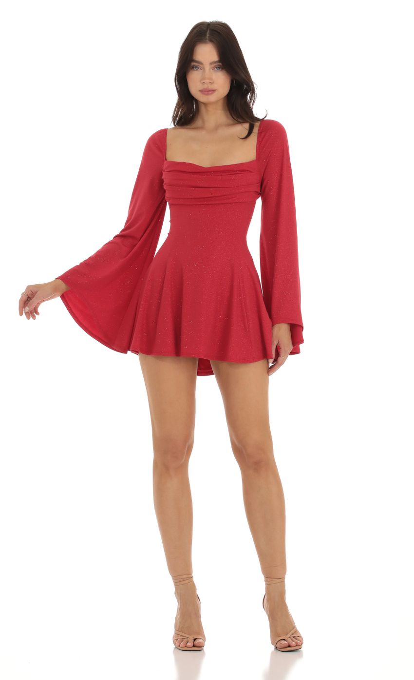 Picture Sirena Shimmer Flare Sleeve Dress in Red. Source: https://media.lucyinthesky.com/data/Sep23/850xAUTO/1cba95f0-c3a0-4108-8a73-03902a46ae89.jpg