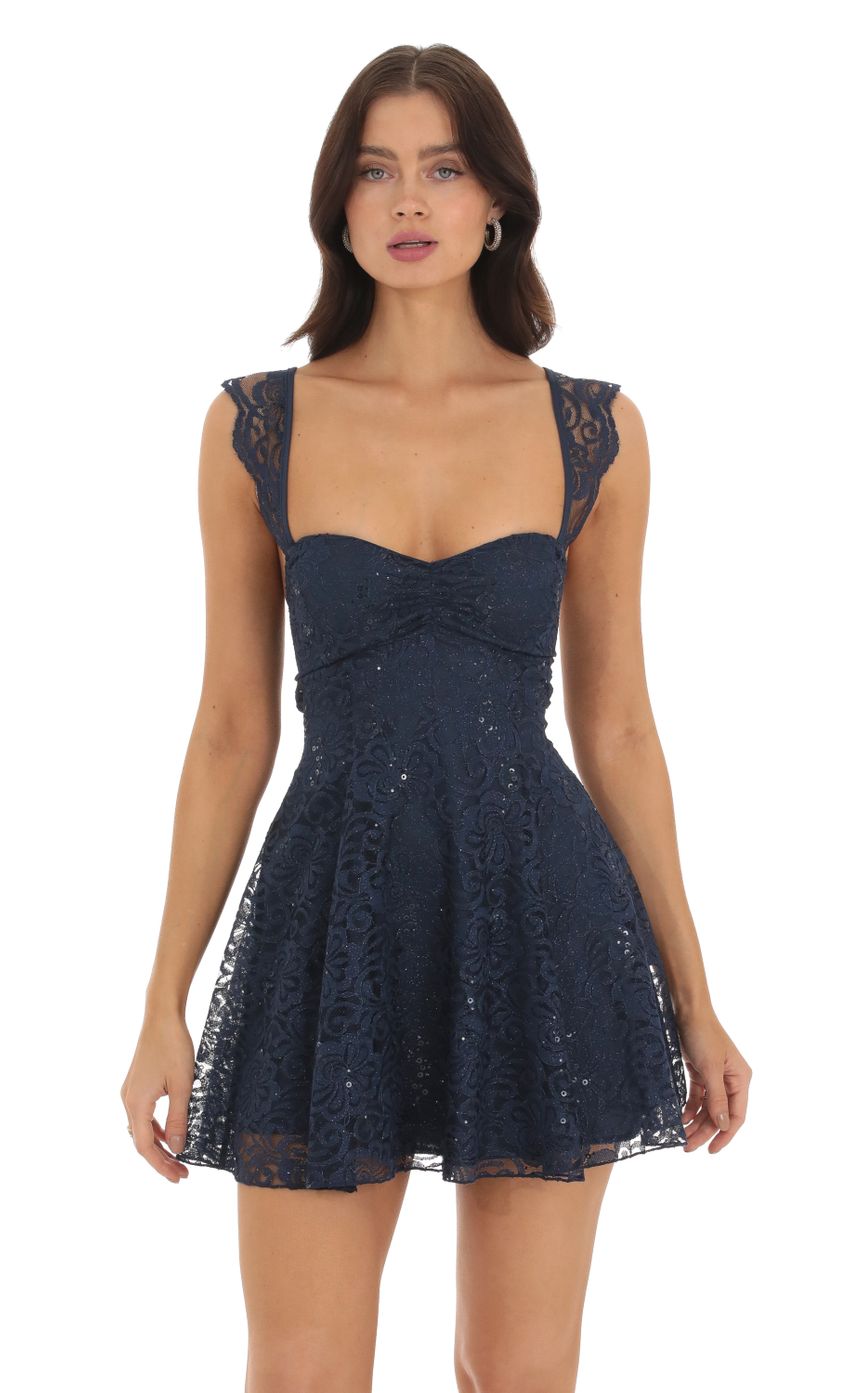 Sherry Lace Sequin Fit and Flare Dress in Navy | LUCY IN THE SKY