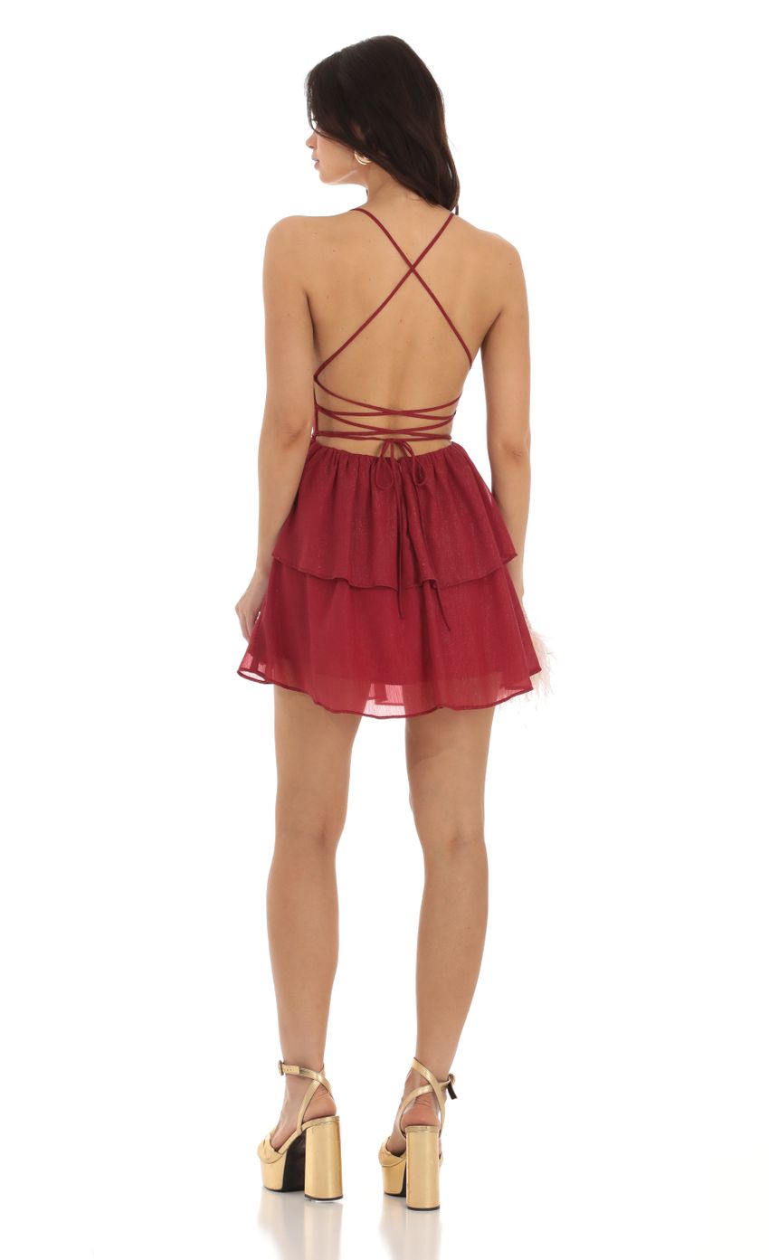 Picture Aspen Shimmer Lace Up Dress in Red. Source: https://media.lucyinthesky.com/data/Sep23/850xAUTO/26680718-f1e2-47cb-adfe-3418af37d466.jpg