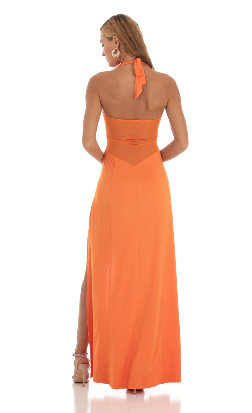 Picture Sunnie Halter Double Slit Maxi Dress in Orange. Source: https://media.lucyinthesky.com/data/Sep23/850xAUTO/285aec21-9c85-4a1d-9ef1-05dbf6adfbb6.jpg