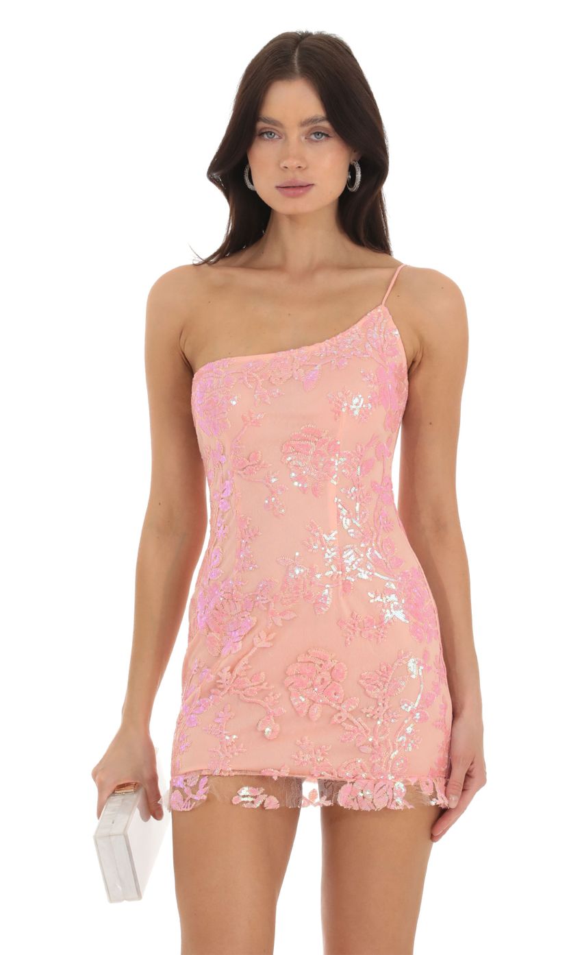 Picture Myah Sequin One Shoulder Dress in Peach. Source: https://media.lucyinthesky.com/data/Sep23/850xAUTO/29f0f317-9792-4e4d-ae0c-3ce2e3f9cecf.jpg
