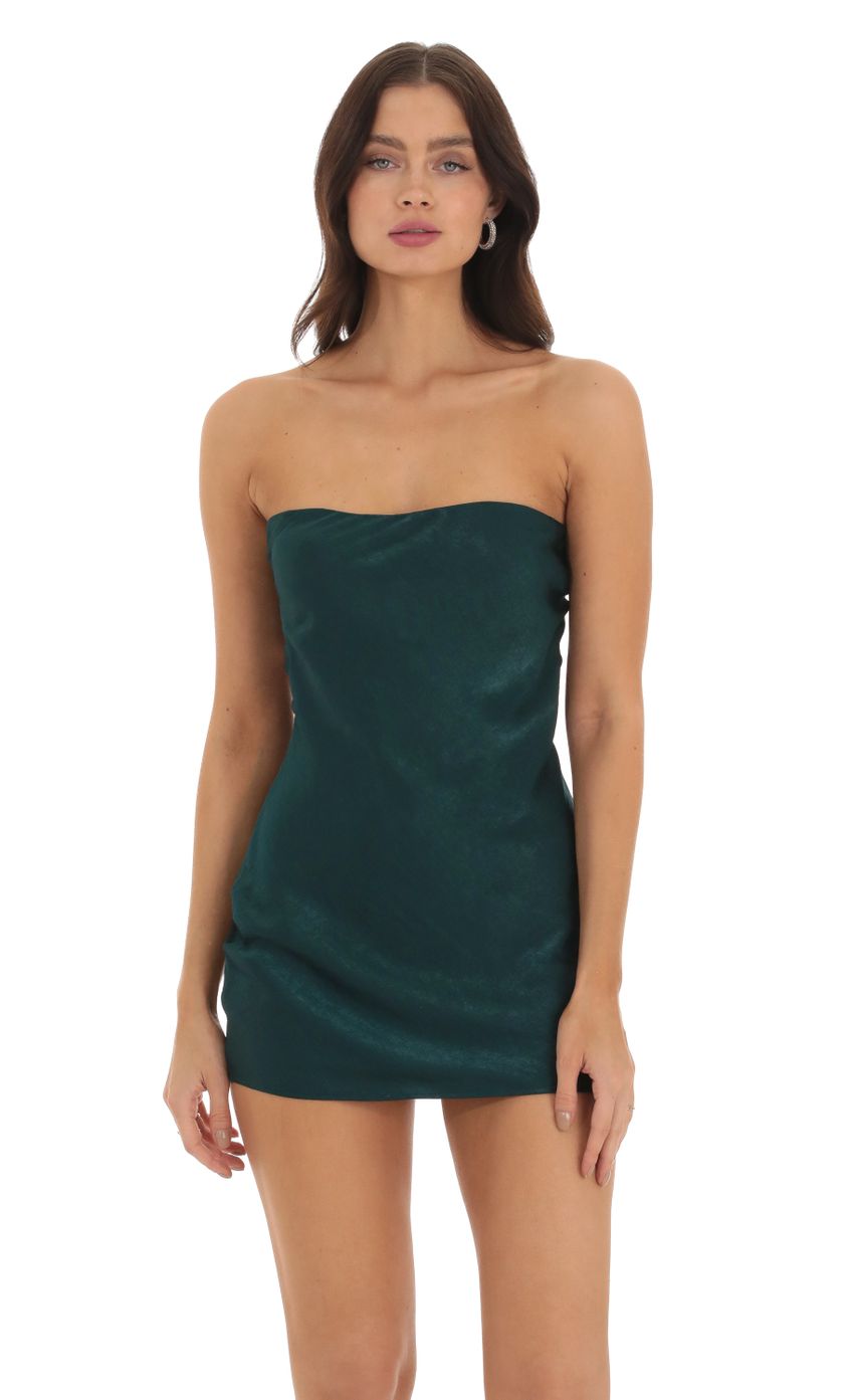 Picture Teya Satin Strapless Open Back Dress in Green. Source: https://media.lucyinthesky.com/data/Sep23/850xAUTO/3ea728d6-c235-4ceb-a295-0af1c575ae5b.jpg