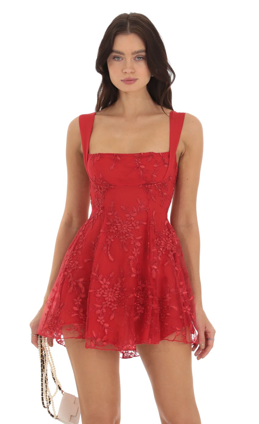 Picture Foxie Floral Fit and Flare Dress in Red. Source: https://media.lucyinthesky.com/data/Sep23/850xAUTO/4e9aba89-c0d4-42d5-a819-6ff04f0d1ba1.jpg