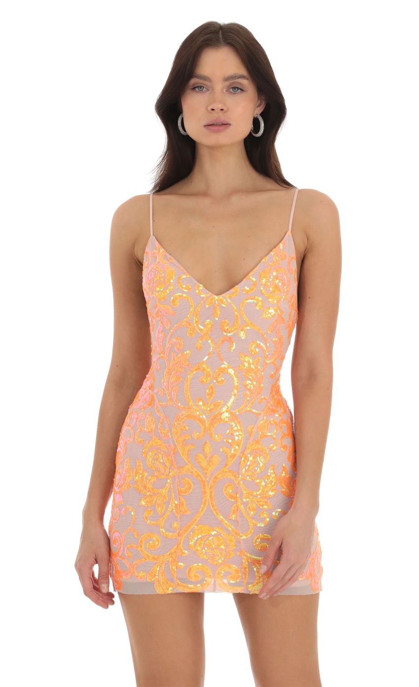 Picture Dovy Orange Sequin Bodycon Dress in Nude. Source: https://media.lucyinthesky.com/data/Sep23/850xAUTO/5a890d71-80ba-4f8b-806d-dd0288d97235.jpg