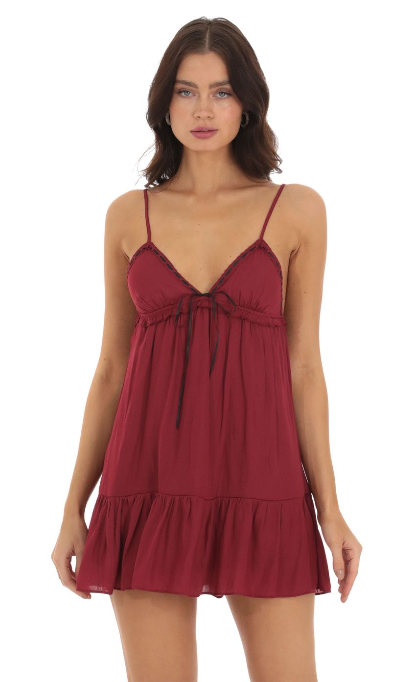 Picture Front Tie Babydoll Dress in Maroon. Source: https://media.lucyinthesky.com/data/Sep23/850xAUTO/62bd6f4a-14fa-47a9-b5d3-768be5aad187.jpg