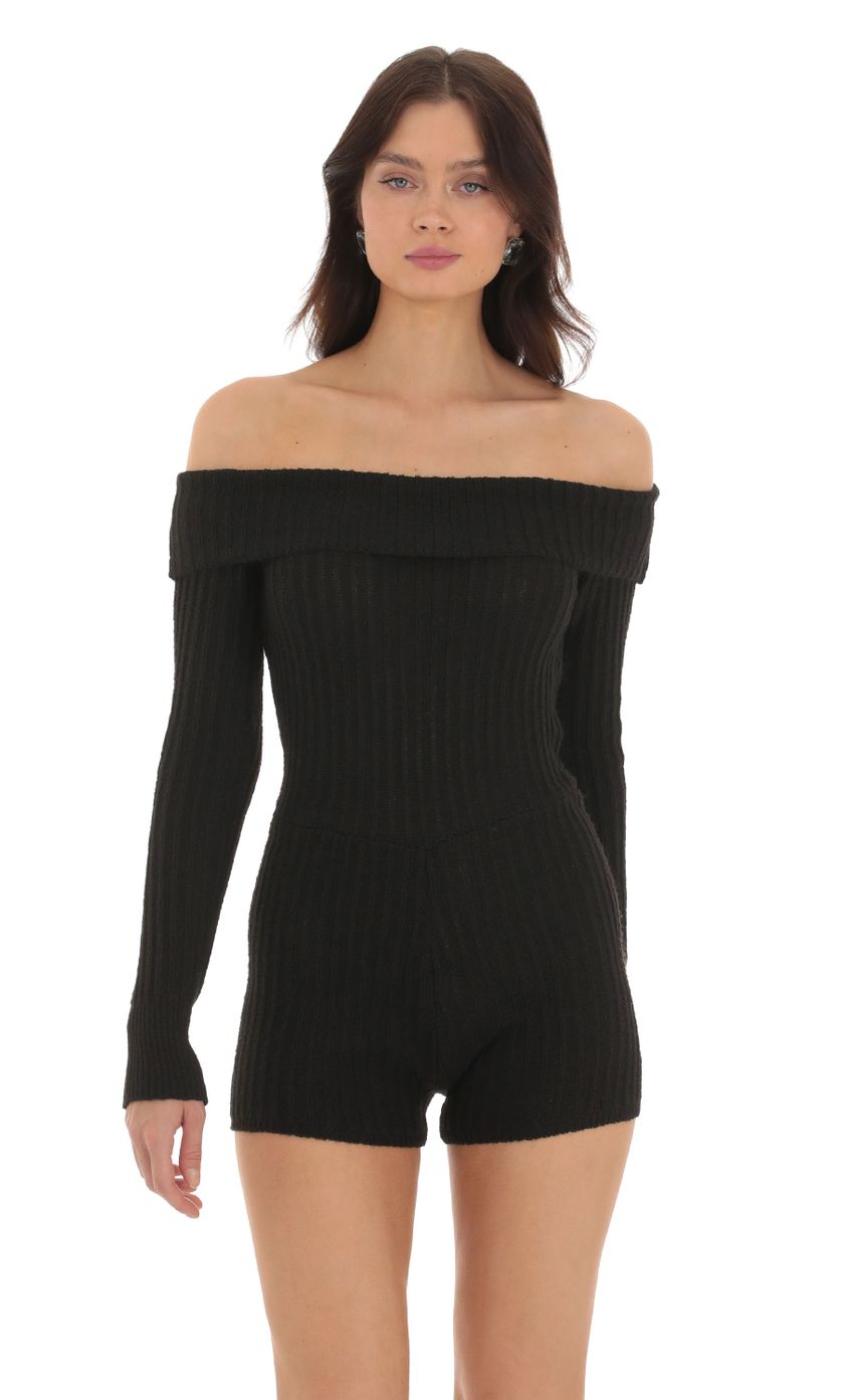 Picture Off Shoulder Knit Romper in Black. Source: https://media.lucyinthesky.com/data/Sep23/850xAUTO/7193be1b-98ba-4146-b5d6-8f6fd48e4a32.jpg