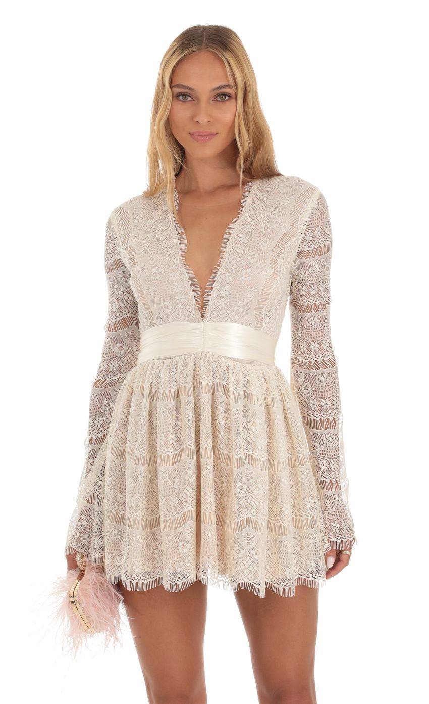 Picture Metis Lace Plunge Neck Dress in White. Source: https://media.lucyinthesky.com/data/Sep23/850xAUTO/79d5fa36-9eaa-402a-b3aa-ba0aecaeeae6.jpg