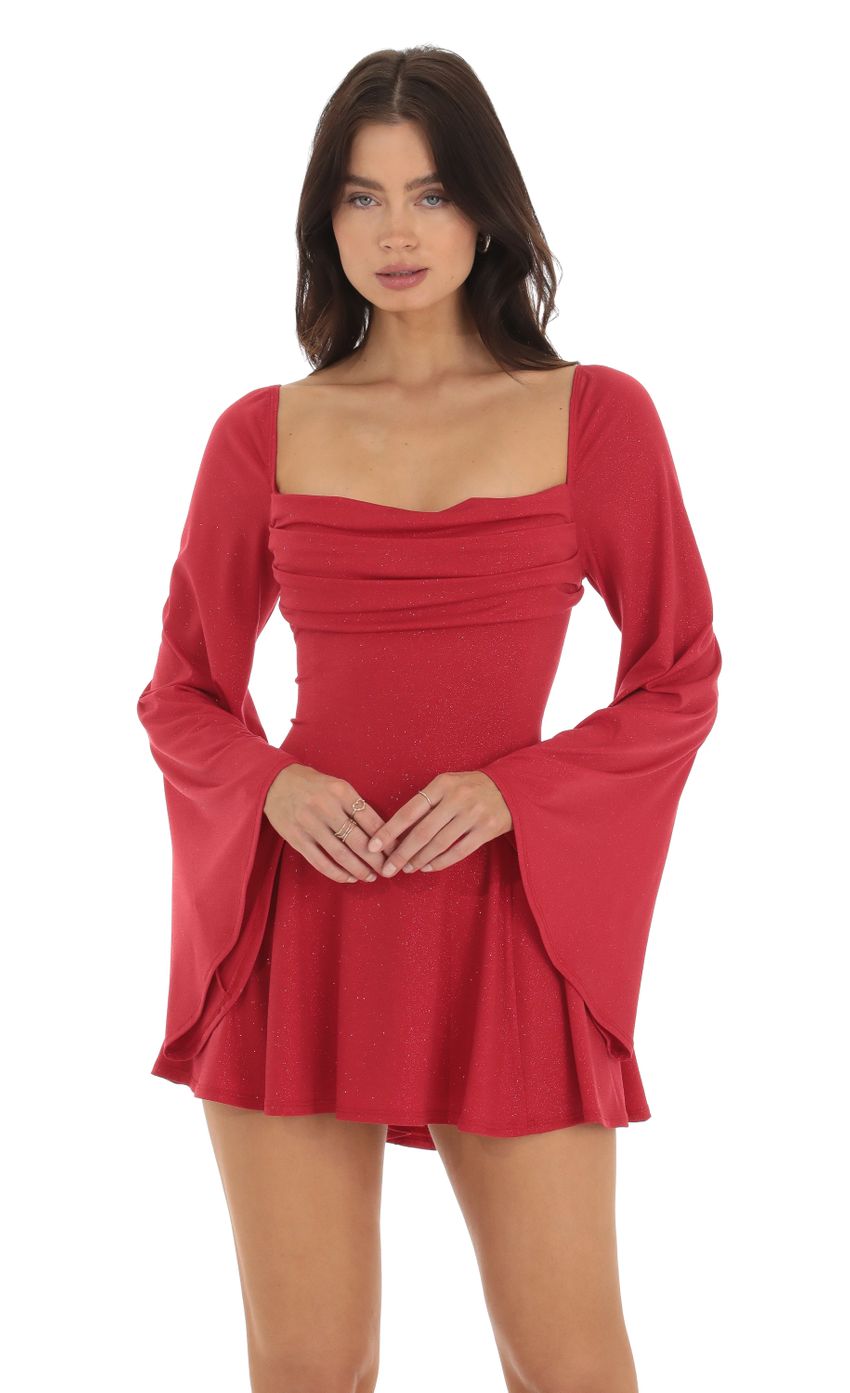 Picture Sirena Shimmer Flare Sleeve Dress in Red. Source: https://media.lucyinthesky.com/data/Sep23/850xAUTO/7d673fd5-783a-4159-ae65-fe155cd9d1f1.jpg