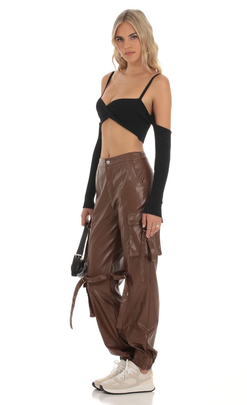 Picture Jai Pleather Cargo Pants in Brown. Source: https://media.lucyinthesky.com/data/Sep23/850xAUTO/81d47851-2b10-443f-9e4c-b096e9657987.jpg