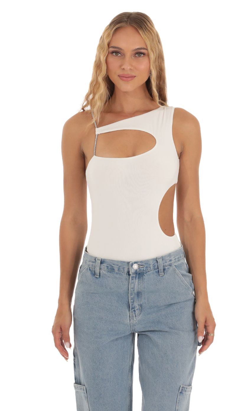 Picture Delanie Rhinestone Cutout Bodysuit in White. Source: https://media.lucyinthesky.com/data/Sep23/850xAUTO/89096946-023f-4409-a623-e935ed94b158.jpg
