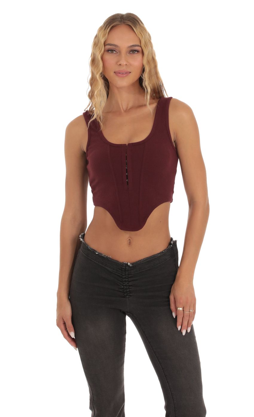 Picture Myley Ribbed Corset Tank Top in Maroon. Source: https://media.lucyinthesky.com/data/Sep23/850xAUTO/8ce5171f-6d31-4876-9254-eb34baf4f9d3.jpg