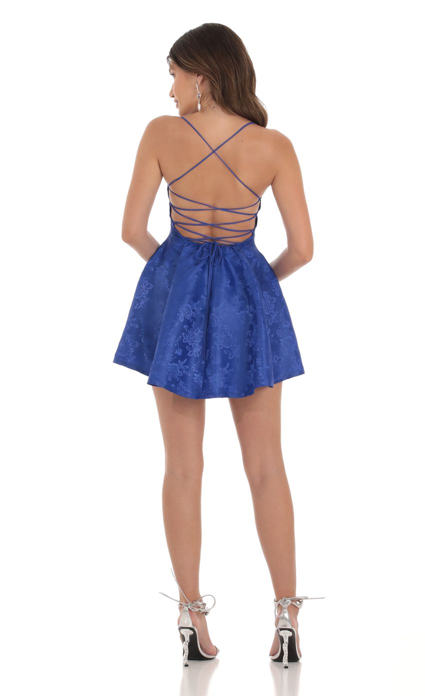 Picture Sheyla Jacquard Flare Dress in Blue. Source: https://media.lucyinthesky.com/data/Sep23/850xAUTO/91cabce4-5169-465f-98f2-c201e755b79f.jpg