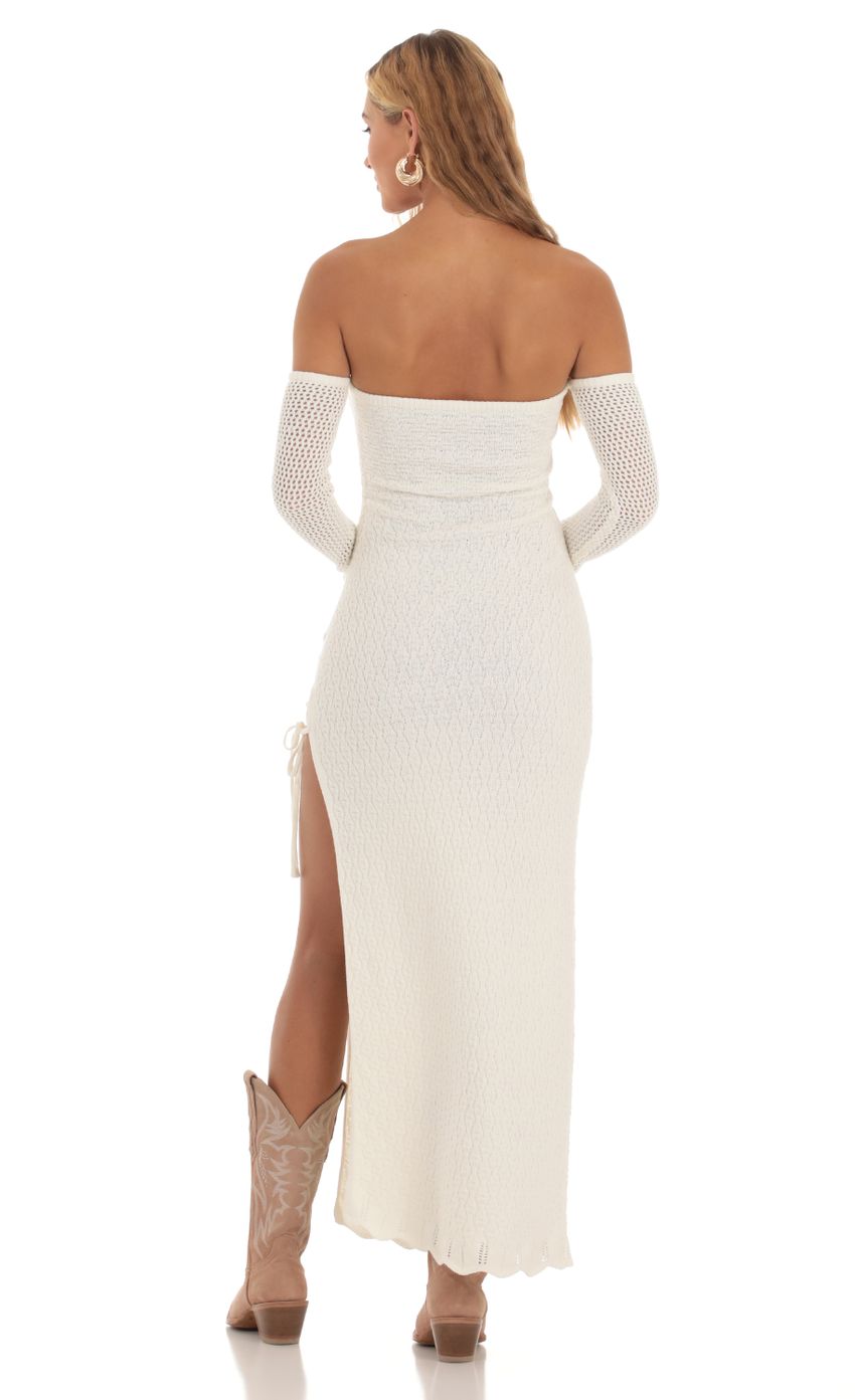 Picture Romona Off Shoulder Crochet Dress in Ivory. Source: https://media.lucyinthesky.com/data/Sep23/850xAUTO/9702e16c-abc7-42b0-9126-119a52613b64.jpg
