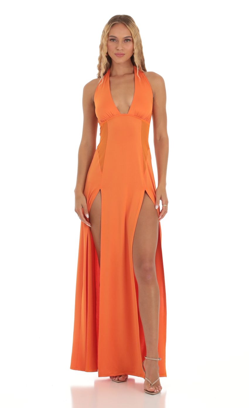 Picture Sunnie Halter Double Slit Maxi Dress in Orange. Source: https://media.lucyinthesky.com/data/Sep23/850xAUTO/9d63e7e5-e19e-4f77-b486-2763d22b240b.jpg
